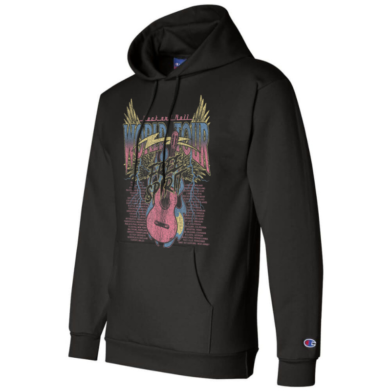 Rock & Roll Free Spirit World Tour Guitar Fire Wings Thunder Champion Hoodie by Queens | Artistshot