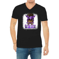 Black Woman Domestic Violence Warrior Afro Messy Bun Purple T Shirt V-neck Tee | Artistshot