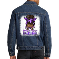 Black Woman Domestic Violence Warrior Afro Messy Bun Purple T Shirt Men Denim Jacket | Artistshot