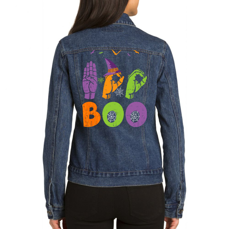 Boo Hands American Sign Language Pride Asl Halloween Long Sleeve T Shi Ladies Denim Jacket by cm-arts | Artistshot