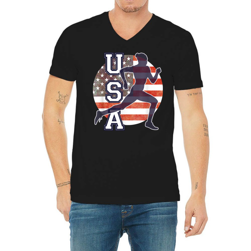 Usa Women Running Track & Field Team American Flag Runner T Shirt V-Neck Tee by cm-arts | Artistshot