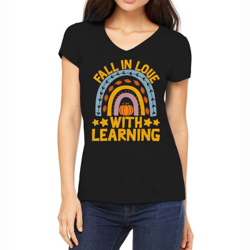 Fall In Love With Learning Rainbow Pumpkin Teacher Women's V-Neck T-Shirt by cm-arts | Artistshot