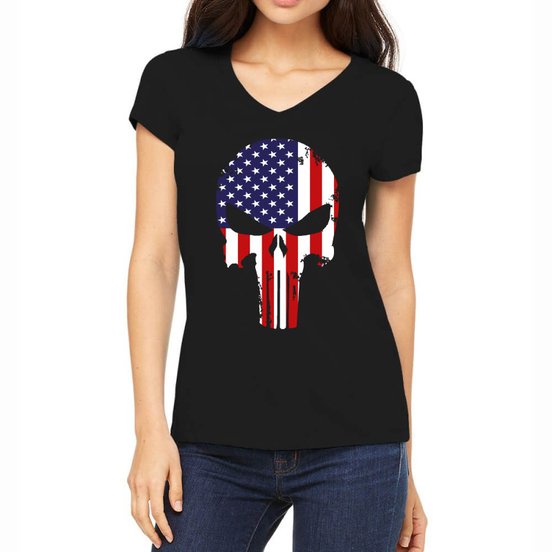 American Flag The Punisher Women's V-Neck T-Shirt by lylolyla | Artistshot