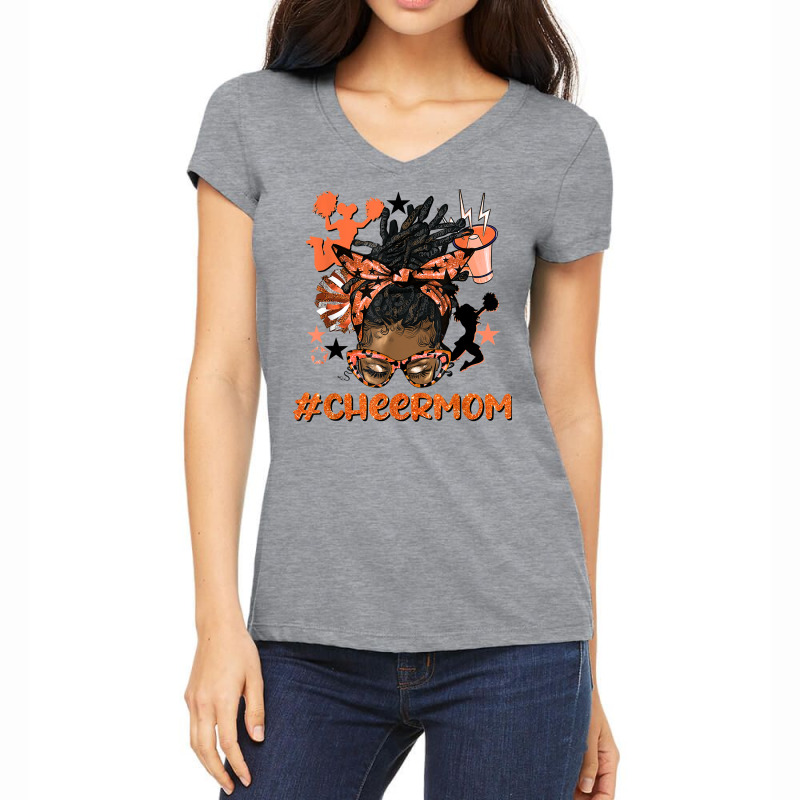 Cheer Mom Afro Messy Bun Orange Leopard Poms & Megaphone T Shirt Women's V-Neck T-Shirt by cm-arts | Artistshot