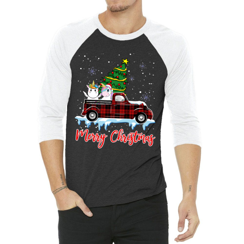 Merry Christmas Unicorn Xmas Plaid Red Truck Tree On Car Premium T Shi 3/4 Sleeve Shirt | Artistshot