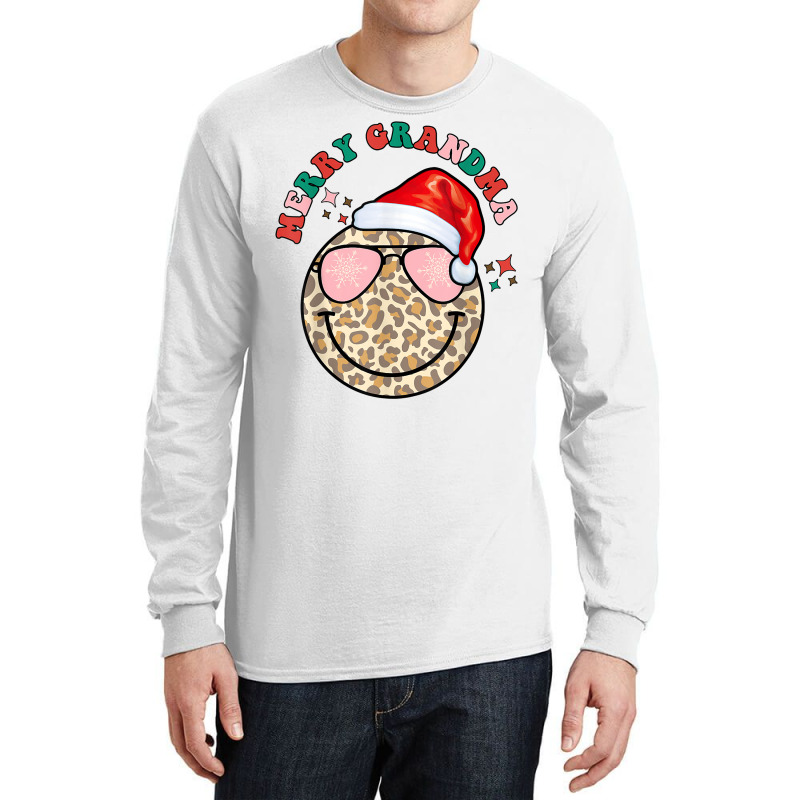 Merry Grandma Leopard Happy Face Christmas Grandma Outfit T Shirt Long Sleeve Shirts | Artistshot