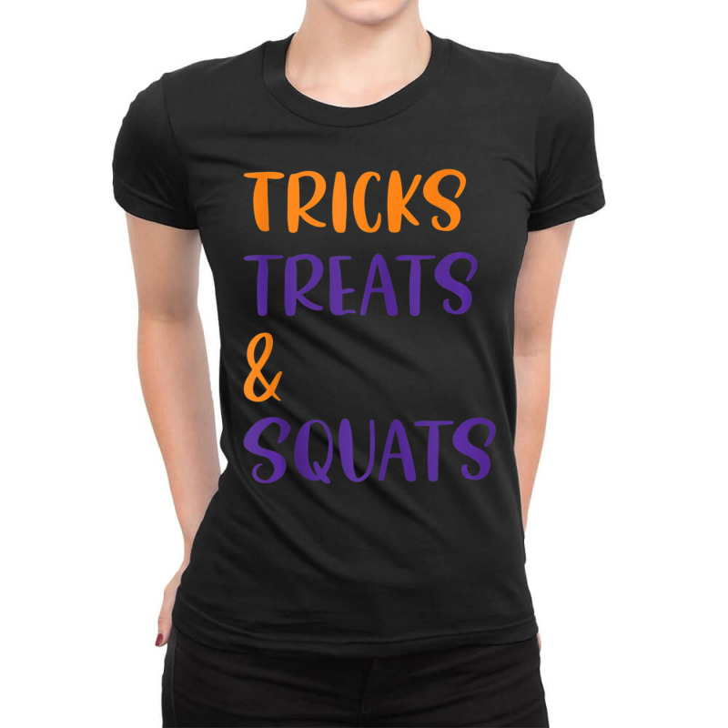 Tricks Treats And Squats Halloween Gym Workout Ladies Fitted T-Shirt by cm-arts | Artistshot