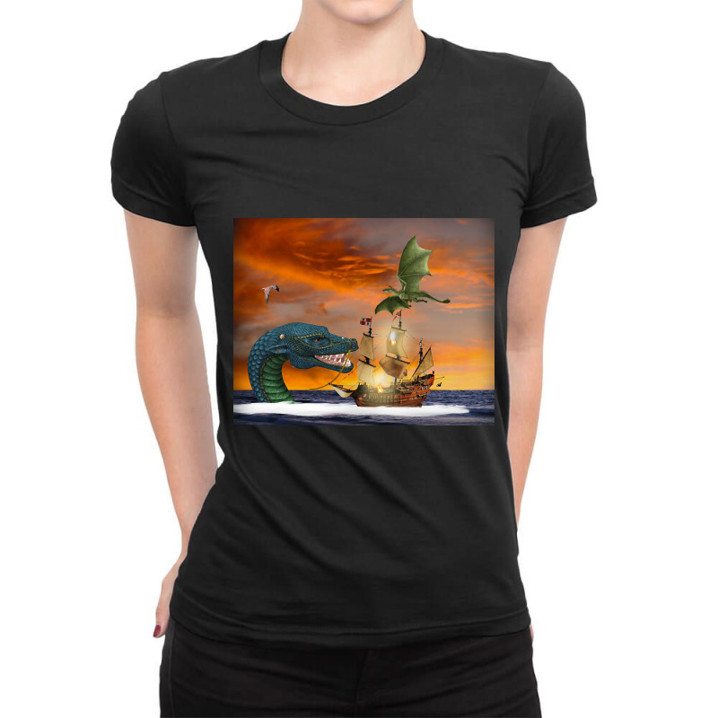 Clipper Ship Under Attack Ladies Fitted T-Shirt by Kenlofu52 | Artistshot