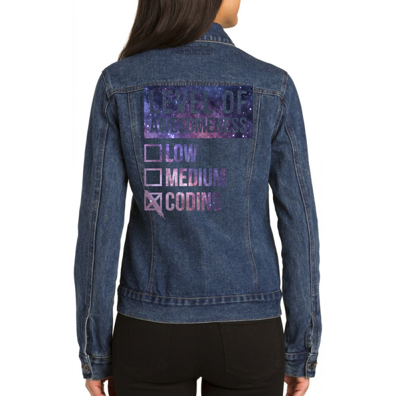 Funny Level Of Awesomeness Low Medium Gift Coding Coder Coders Code Pr Ladies Denim Jacket by fenderbendable | Artistshot