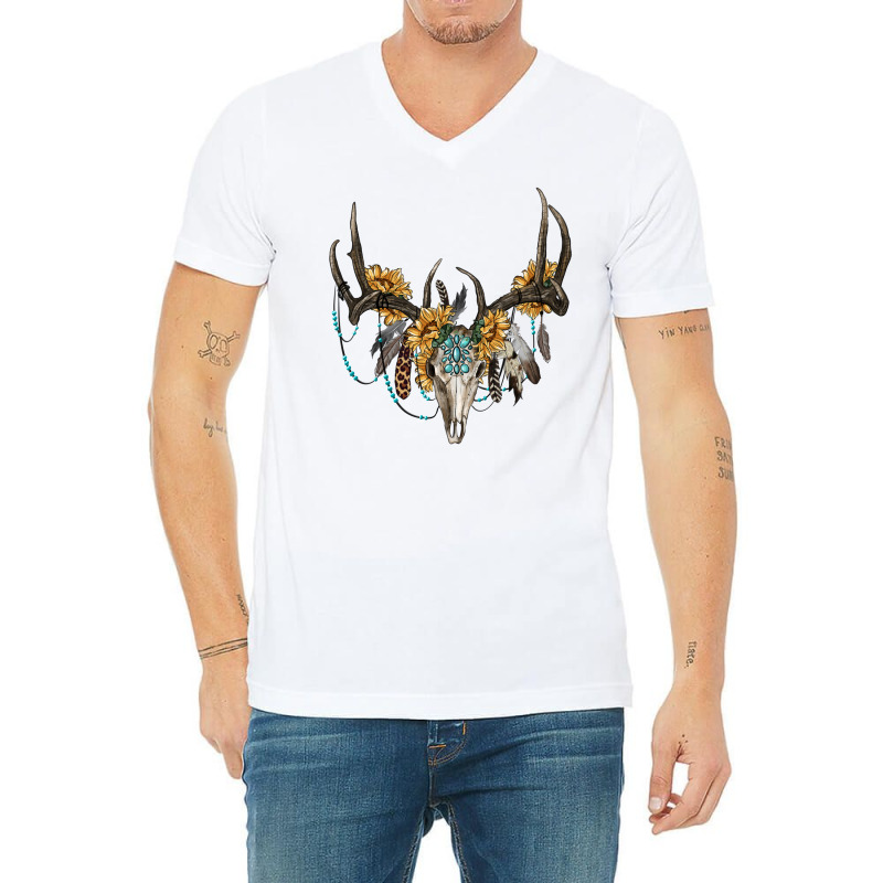 Boho Deer Skull Sunflowers And Gemstone V-neck Tee | Artistshot