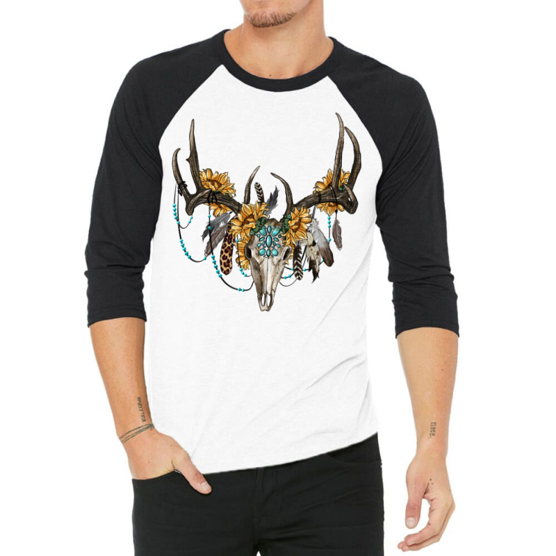 Boho Deer Skull Sunflowers And Gemstone 3/4 Sleeve Shirt | Artistshot