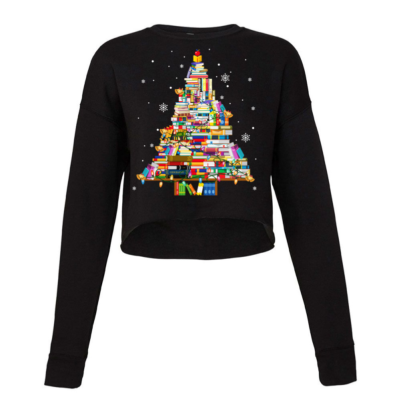 Christmas Library Tree Lights For Librarian And Book Lover Long Sleeve Cropped Sweater by cm-arts | Artistshot