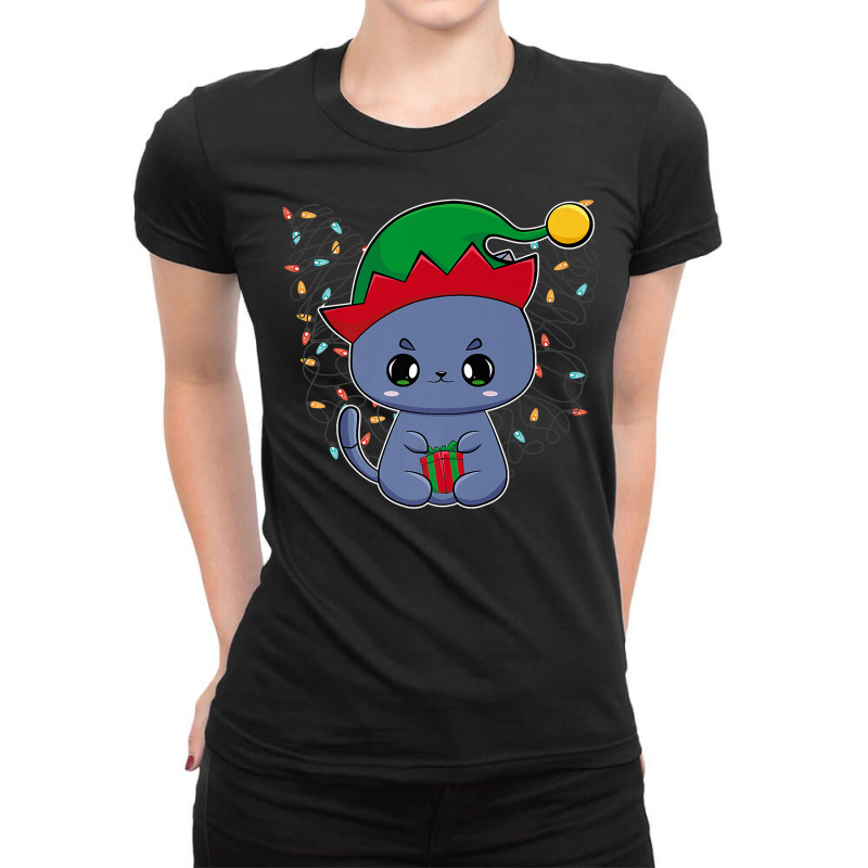 Santa Black Cat Tangled Up In Christmas Tree Lights Meowdy Premium T S Ladies Fitted T-Shirt by geculaexok | Artistshot