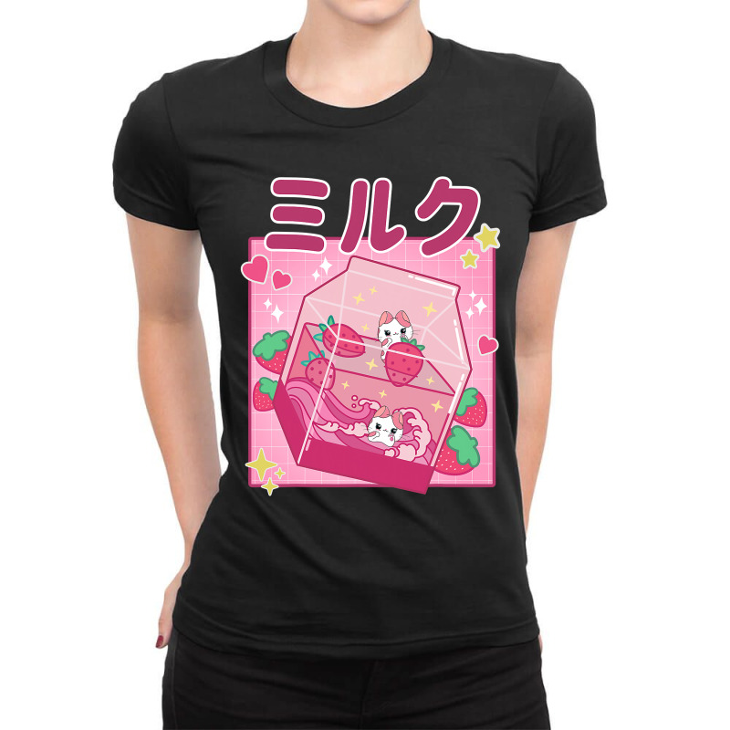 Funny Retro 90s Strawberry Milkshake Carton Kawaii Anime Cat Ladies Fitted T-Shirt by cm-arts | Artistshot