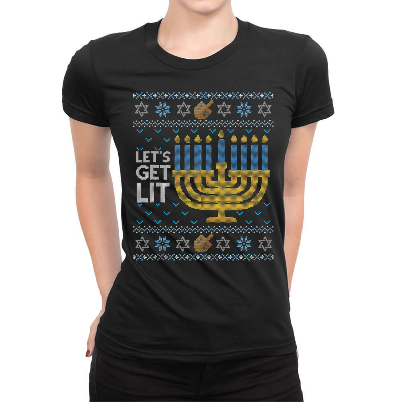 Funny Hanukkah Ugly Sweater Jewish Gift Lets Get Lit Menorah Ladies Fitted T-Shirt by WZ90 | Artistshot