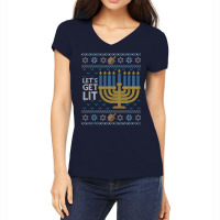 Funny Hanukkah Ugly Sweater Jewish Gift Lets Get Lit Menorah Women's V-neck T-shirt | Artistshot