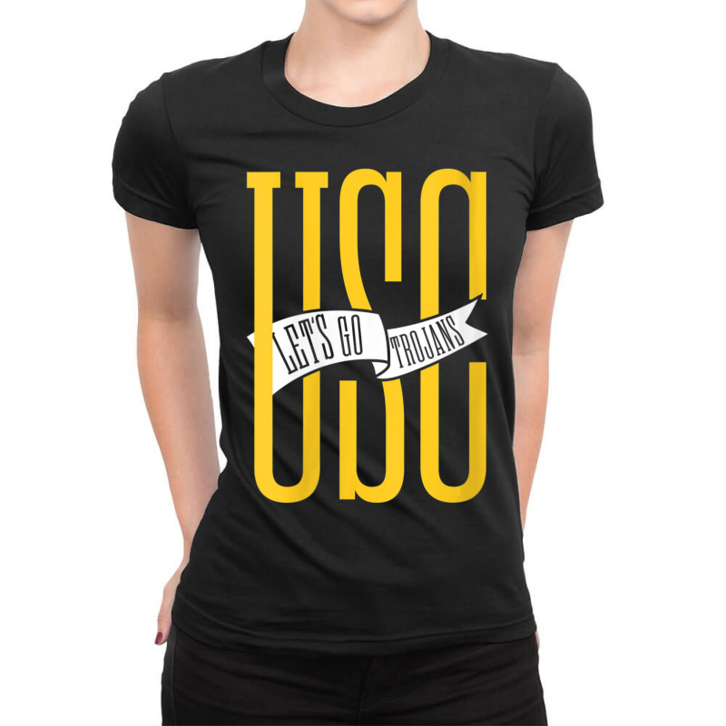 Usc Womens Let's Go Trojans Long Gold White Pennant V-neck Ladies Fitted T-Shirt by Kandurip541 | Artistshot