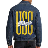 Usc Womens Let's Go Trojans Long Gold White Pennant V-neck Men Denim Jacket | Artistshot