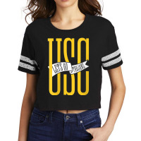 Usc Womens Let's Go Trojans Long Gold White Pennant V-neck Scorecard Crop Tee | Artistshot