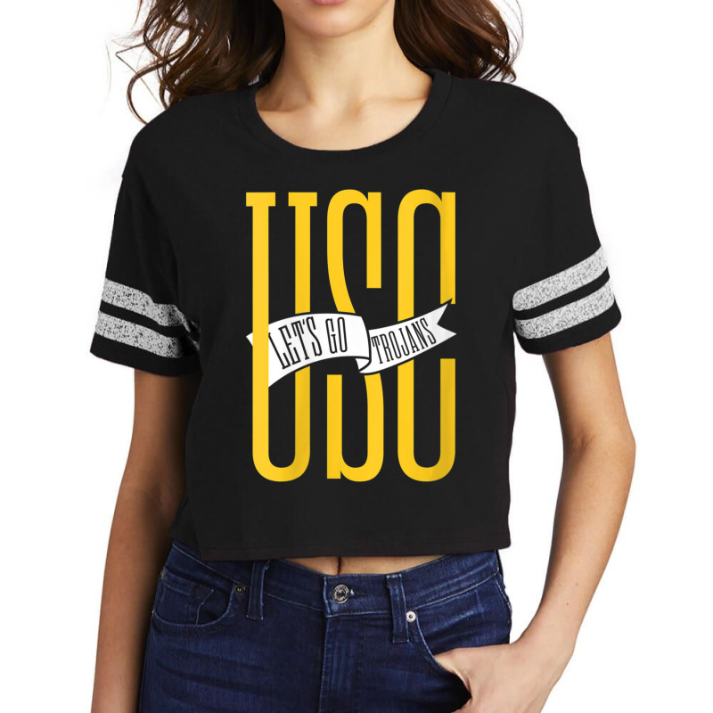 Usc Womens Let's Go Trojans Long Gold White Pennant V-neck Scorecard Crop Tee by Kandurip541 | Artistshot