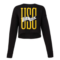 Usc Womens Let's Go Trojans Long Gold White Pennant V-neck Cropped Sweater | Artistshot