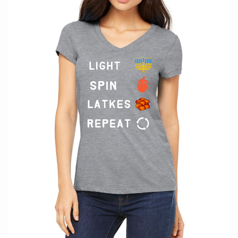 Hanukkah Light Menorah Spin The Dreidel Eat Latkes Repeat Women's V-Neck T-Shirt by WZ90 | Artistshot