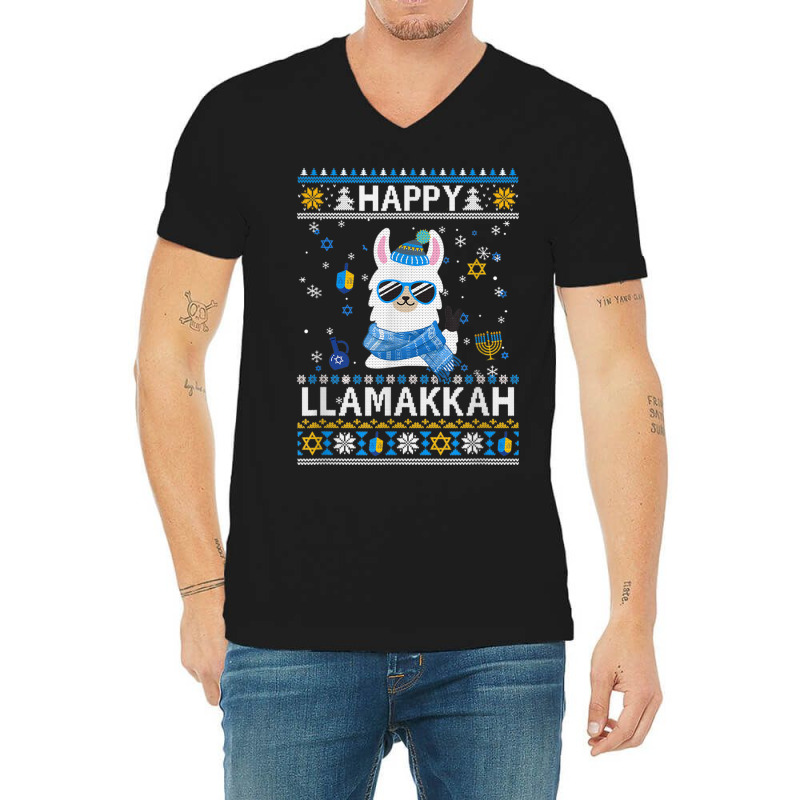 Happy Llamakkah Llama Ugly Hanukkah Ugly Sweater V-neck Tee | Artistshot