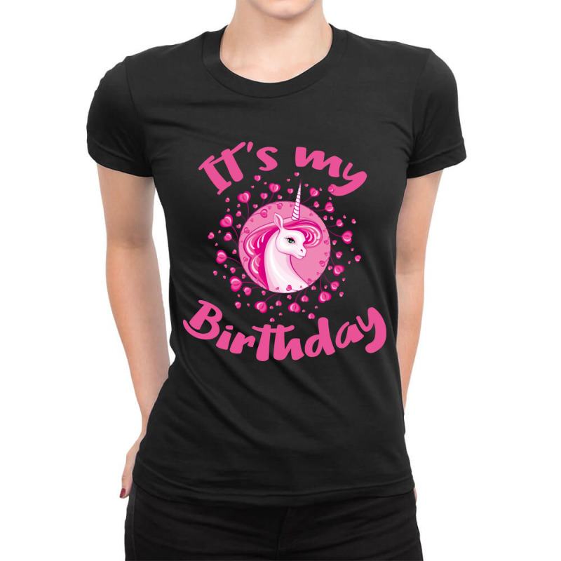 Unicorn Birthday Gift Pink Hearts Cute Unicorns Ladies Fitted T-Shirt by femalesbaubles | Artistshot