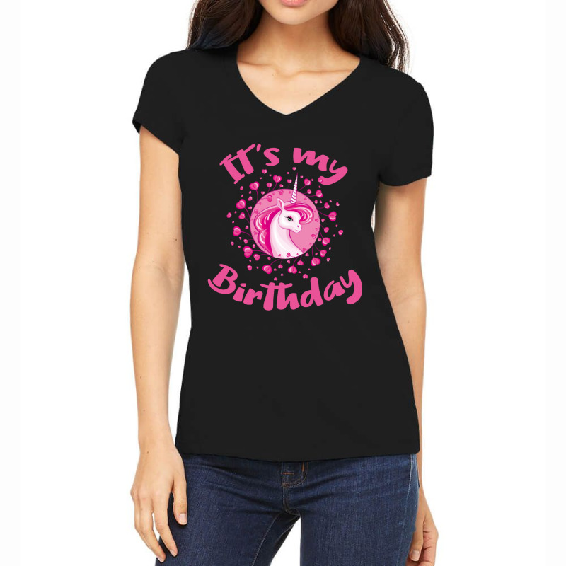 Unicorn Birthday Gift Pink Hearts Cute Unicorns Women's V-Neck T-Shirt by femalesbaubles | Artistshot