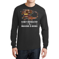 Easily Distracted By Dragon And Books Funny Long Sleeve Shirts | Artistshot