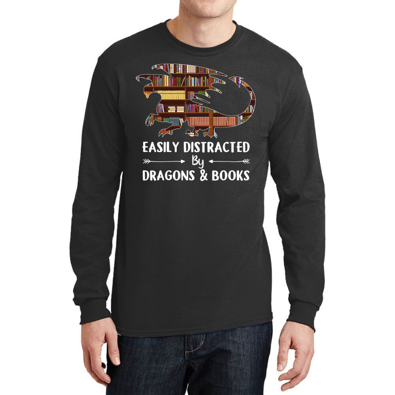 Easily Distracted By Dragon And Books Funny Long Sleeve Shirts | Artistshot