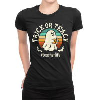 Retro Trick Or Teach Ghost Teacher Funny Halloween Costume Ladies Fitted T-shirt | Artistshot