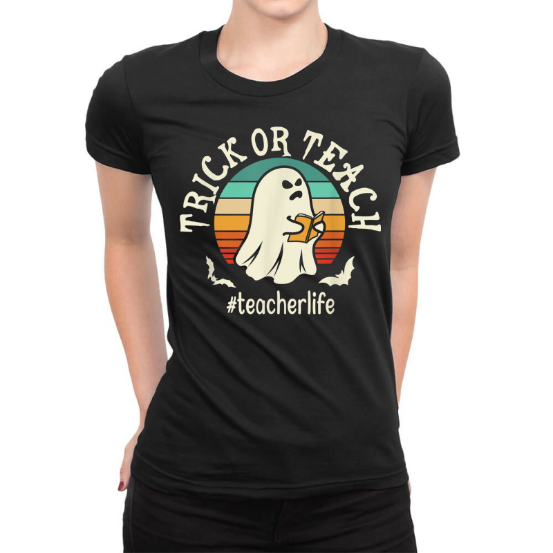 Retro Trick Or Teach Ghost Teacher Funny Halloween Costume Ladies Fitted T-Shirt by Outpost | Artistshot