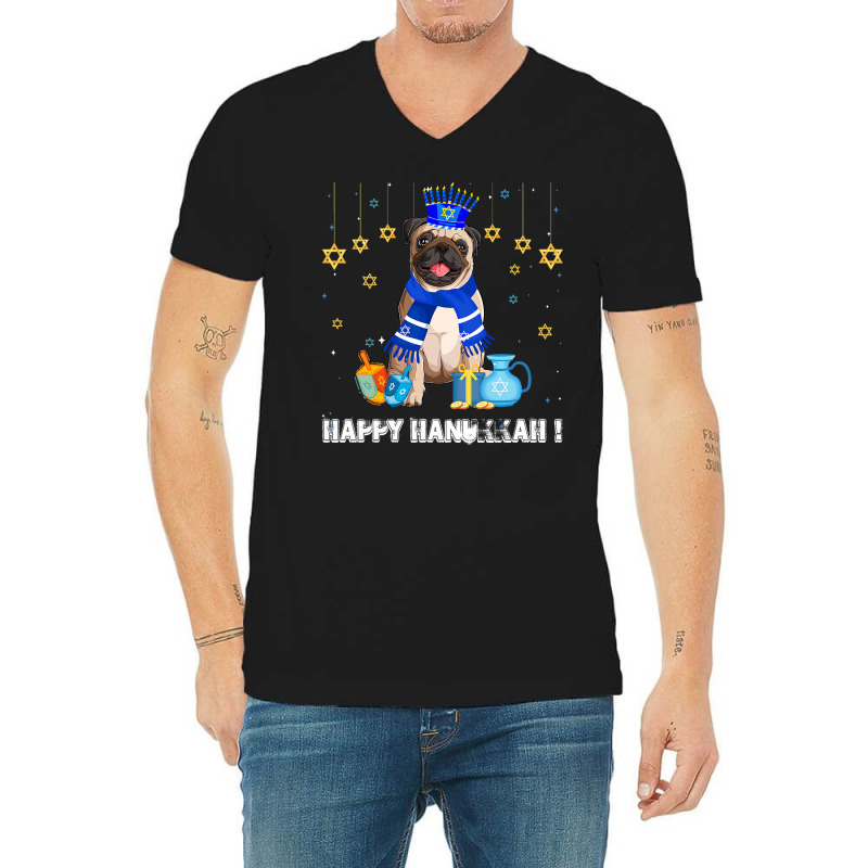 Jewish Pug Dog Menorah Hat Happy Chanukah Hanukkah Jewish V-neck Tee | Artistshot