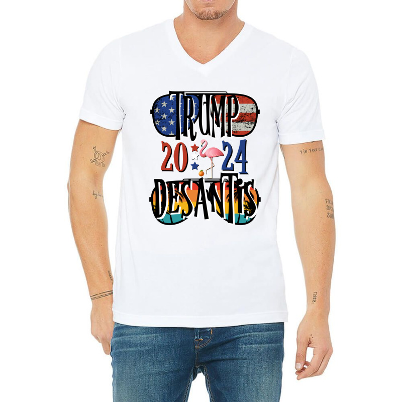 Trump Desantis 2024 Eection Merican Fag Famingo Stars 24 Puover Basic  V-neck Tee | Artistshot