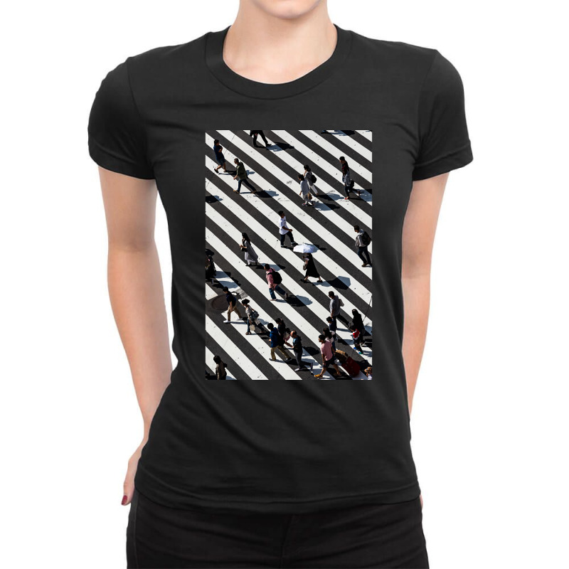 Aerial Photograph Of People Walking Across Black And White Zebra Cross Ladies Fitted T-Shirt by yumgaugeteuda | Artistshot