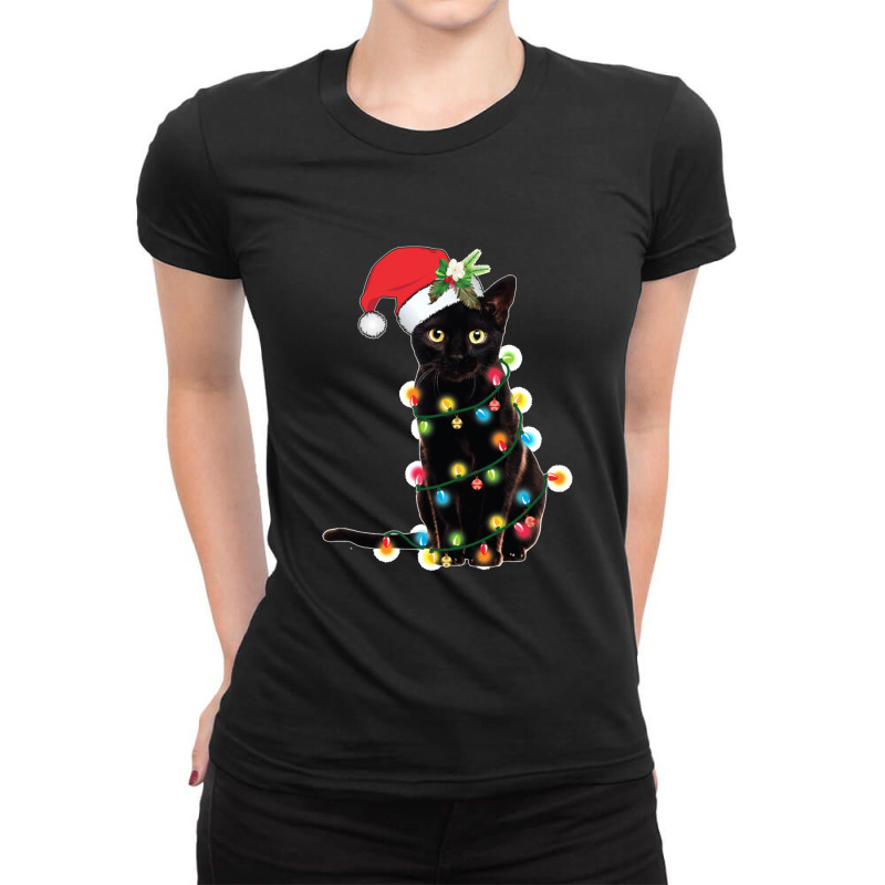 Black Santa Cat Tangled Up In Lights Christmas Santa Ladies Fitted T-Shirt by cm-arts | Artistshot