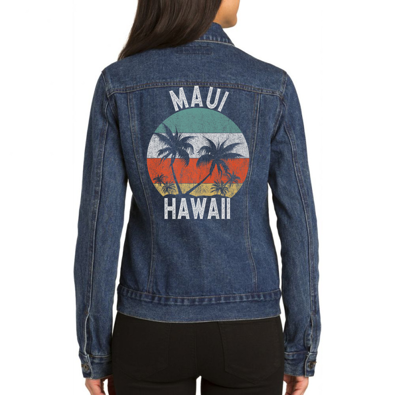 Maui Shirt Hawaii Retro Sunset Palm Trees Hawaiian Island Premium T Sh Ladies Denim Jacket by cm-arts | Artistshot