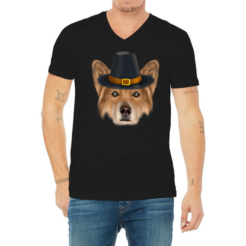 Canaan Dog Wearing Pilgrim Hat Thanksgiving V-Neck Tee by Outpost | Artistshot