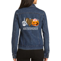 Dialysis Technician Peace Love Pumpkin Halloween Ladies Denim Jacket | Artistshot