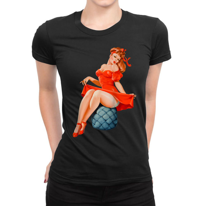 Retro Pin Up Girl Lingerie Red Dress Classic Sexy Pinup Girl Raglan Ba Ladies Fitted T-Shirt by cm-arts | Artistshot