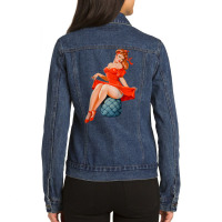 Retro Pin Up Girl Lingerie Red Dress Classic Sexy Pinup Girl Raglan Ba Ladies Denim Jacket | Artistshot