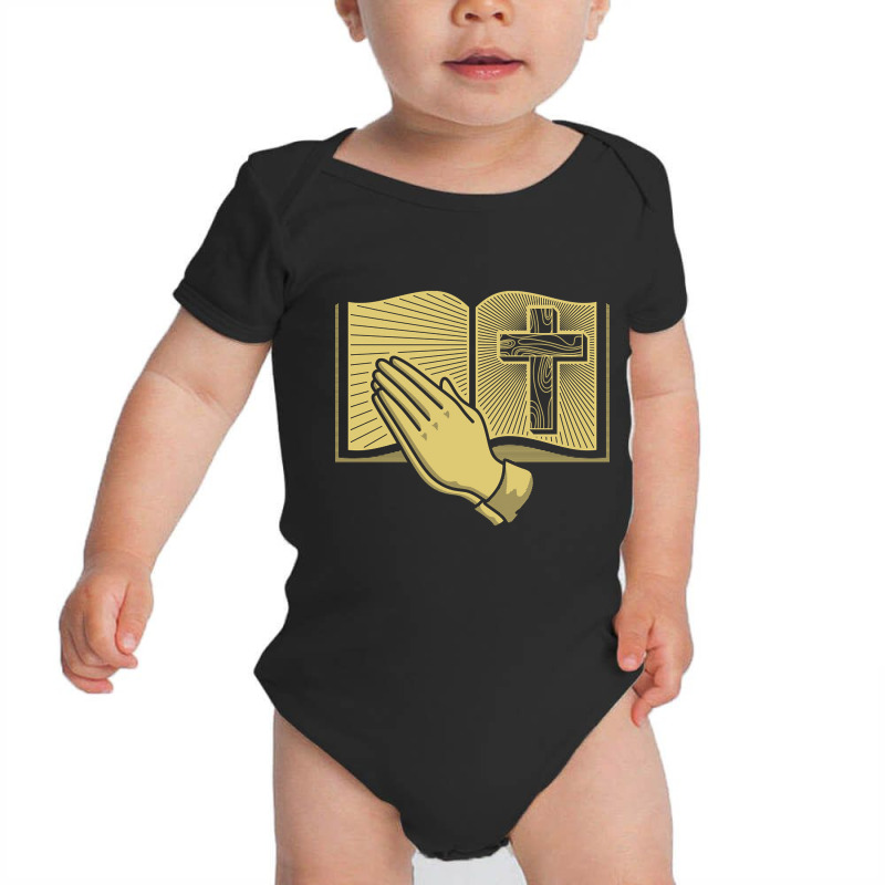 Cross Of Jesus, Open Bible And Praying Hands. Baby Bodysuit | Artistshot