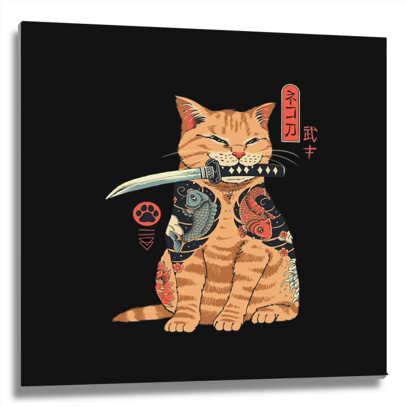 Japanese Samurai Ninja Cat Kawaii Tattoo Graphic Metal Print Square | Artistshot