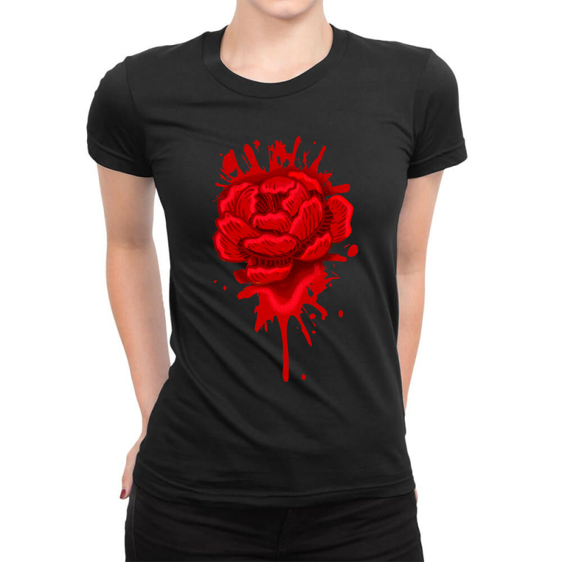 Melting Red Rose Petal Splat Cool Flower Plant Gardener Gift Ladies Fitted T-Shirt by cm-arts | Artistshot