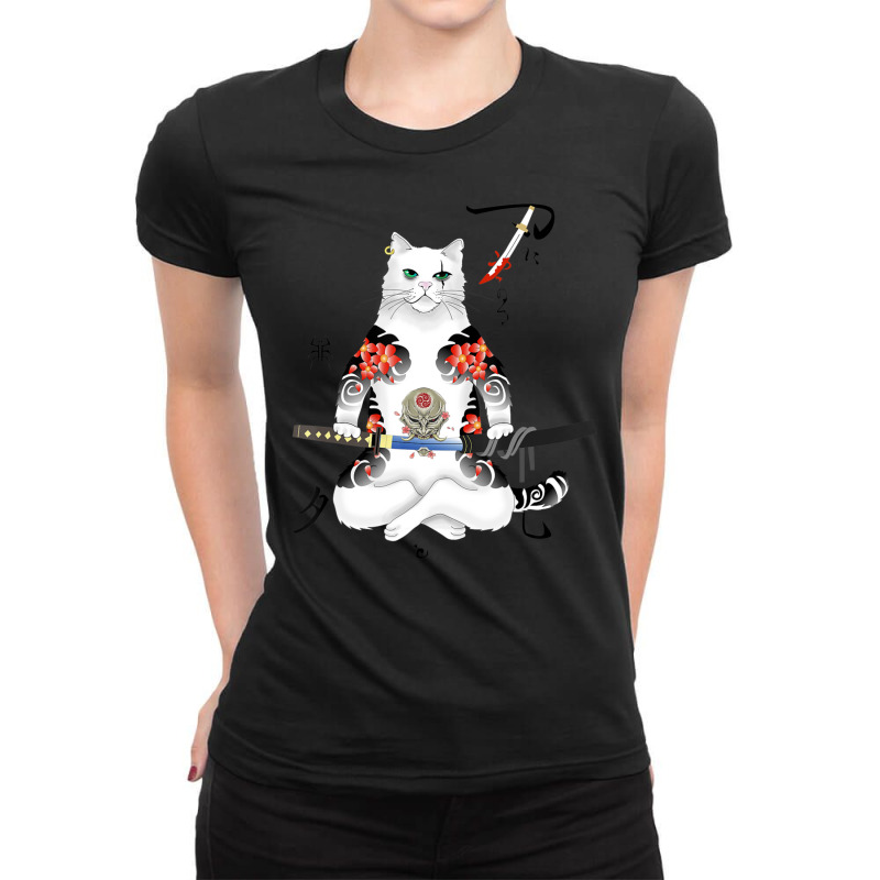 Japanese Samurai Cat Katana Ninja Yakuza Tattoo Ladies Fitted T-Shirt by Min03 | Artistshot