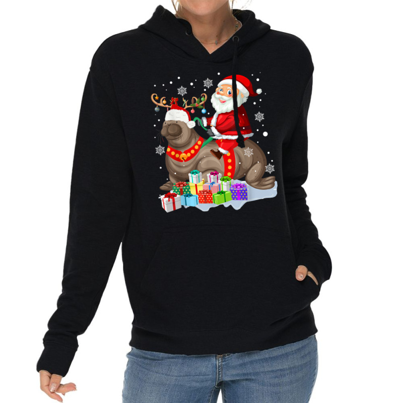 Sea Lion Xmas Matching Funny Santa Riding Sea Lion Christmas T Shirt Lightweight Hoodie by cm-arts | Artistshot