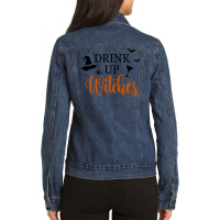 Drink Up Witches Funny Halloween Novelty Fall Holiday Item Long Sleeve Ladies Denim Jacket | Artistshot