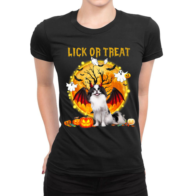 Scary Japanese Chin Dog Witch Hat Halloween Lick Or Treat Premium T Sh Ladies Fitted T-Shirt by cm-arts | Artistshot