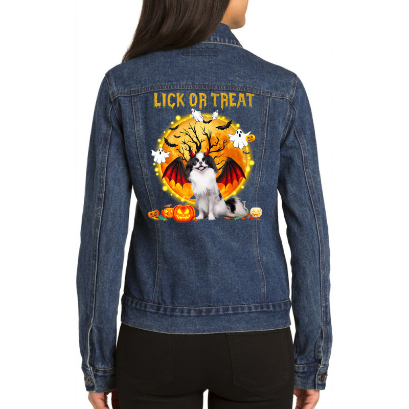 Scary Japanese Chin Dog Witch Hat Halloween Lick Or Treat Premium T Sh Ladies Denim Jacket by cm-arts | Artistshot